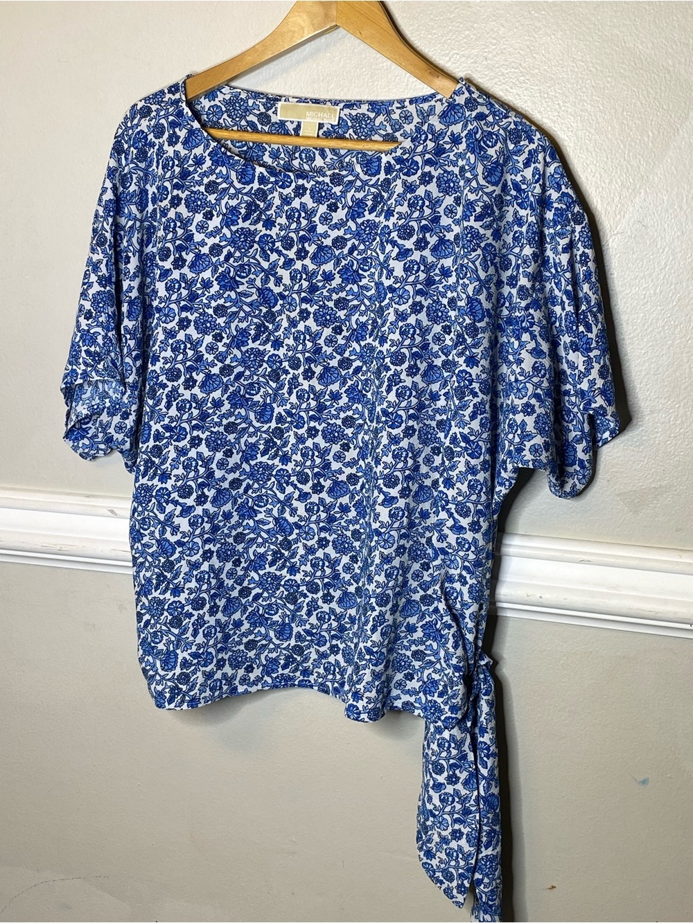 Michael Kors Blue and White Floral Tie-Side Blouse
